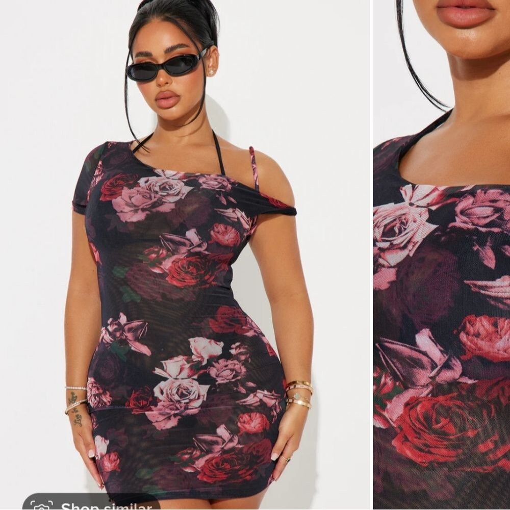 Fashion Nova Kaylee Twist Straps Floral Rose Twist Mesh Coverup Mini Dress XS